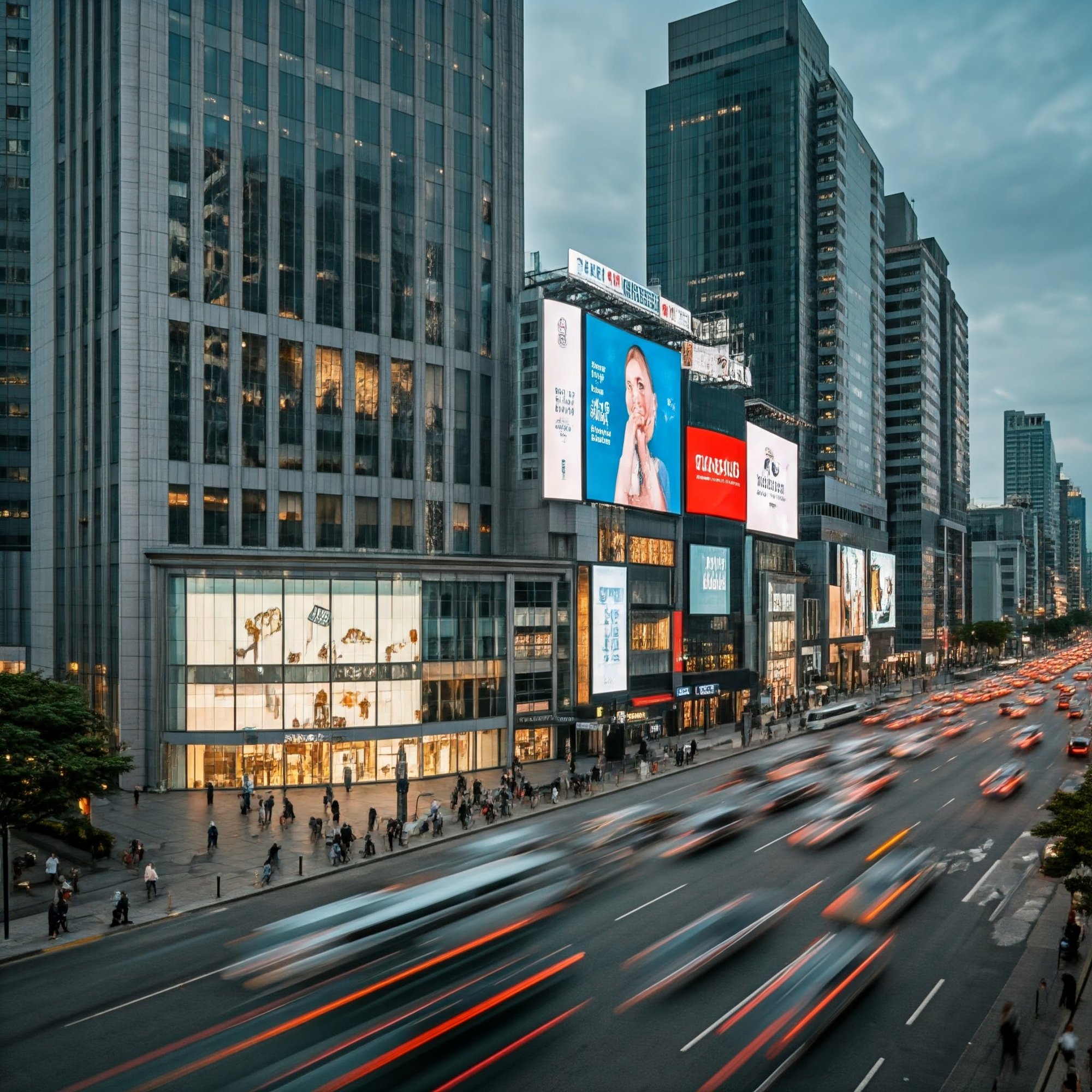 Thriving city with passing cars Thriving city with passing cars